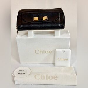 Chloé Lily Black Leather Long Wallet with Gold Ribbon Accent with Box & Dustbag